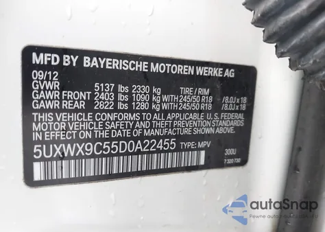 2013 BMW X3 xDrive28I из США, поврежденный, VIN 5UXWX9C55D0A22455